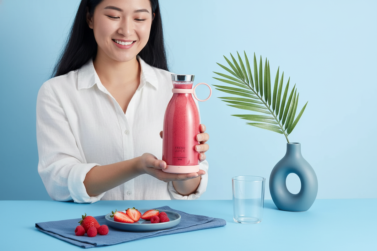 A smiling person holding a clear portable USB juicer mixer filled with a colorful smoothie against a soft blue and white back